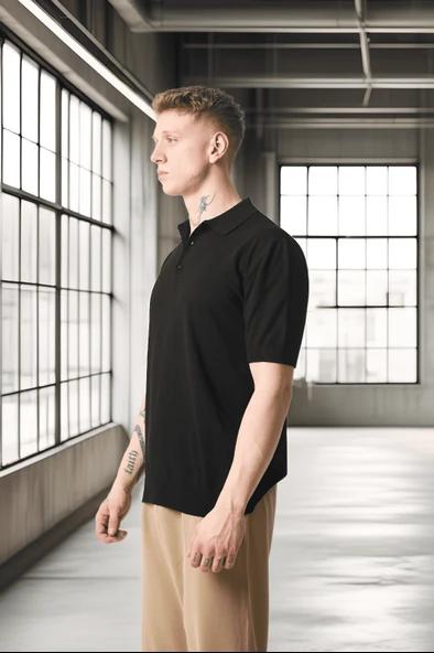 Polo Yaka Basic Düğmeli Triko Erkek T-Shirt - Siyah - Resim 5