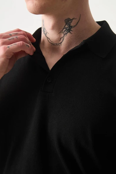 Polo Yaka Basic Düğmeli Triko Erkek T-Shirt - Siyah ürün görseli