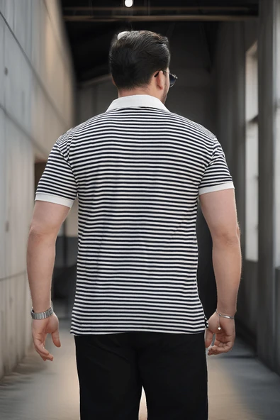 Çizgili Örme Desenli Polo Yaka Erkek T-Shirt - Siyah - 5