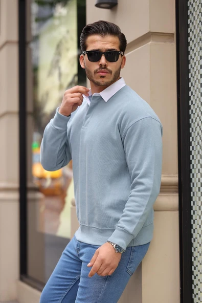 Polo Yaka Selanik Örme Kumaş Erkek Sweatshirt - Soğuk Mavi - 5