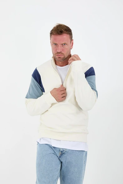 Oversize Erkek Kolları Garnili Selanik Örme Erkek Sweatshirt - Ekru - 6
