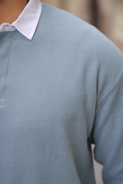 Polo Yaka Selanik Örme Kumaş Erkek Sweatshirt - Soğuk Mavi - 4
