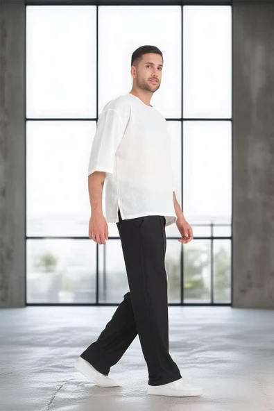 Bisiklet Yaka Fakir Kol Oversize Kısa Kol T-shirt - Beyaz - 4