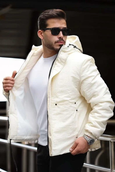 Oversize Cep Detaylı Kapüşonlu Hafif Şişme Mont - Ekru - Resim 2