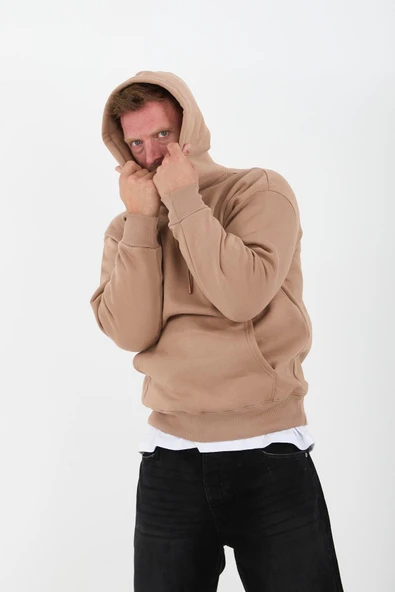 Bej Erkek Oversize Kapüşonlu Kanguru Cepli Sweatshirt - Hoodie - 4