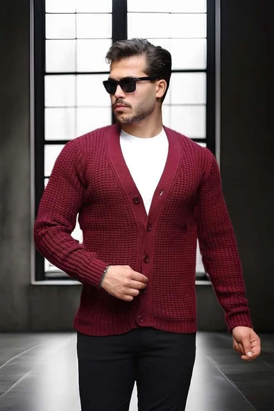 Nopenli Fitil Örgü Düğmeli Hırka - Bordo - 3