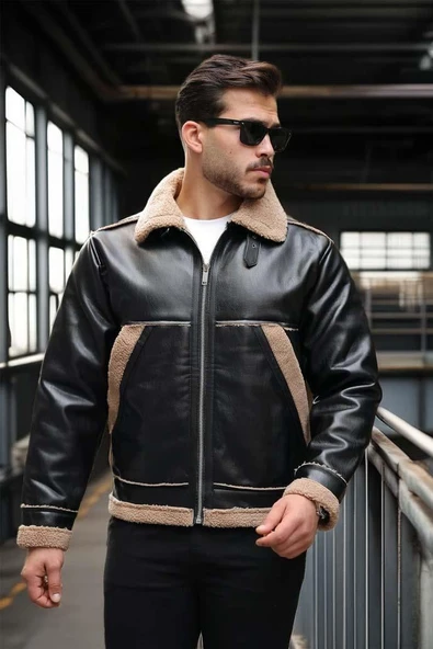 Vintage Kürk Detaylı Erkek Deri Ceket/Mont - Siyah - 4