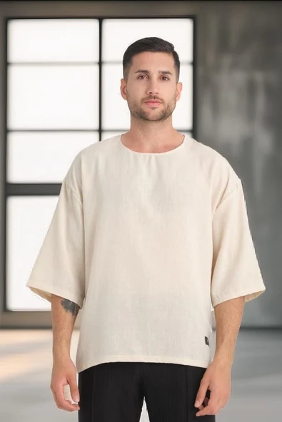 Bisiklet Yaka Fakir Kol Oversize Kısa Kol T-shirt - Bej ürün görseli