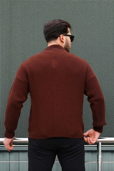Oversize Selanik Örgü Düğmeli Erkek Hırka- KoyuKahve - Resim 6