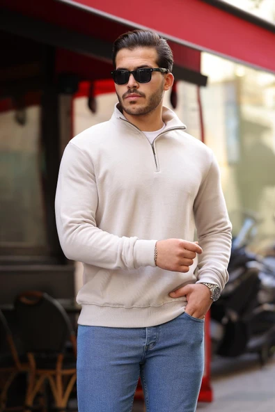 Selanik Örme Kumaş Yarım Fermuar Erkek Sweatshirt - Taş - 2