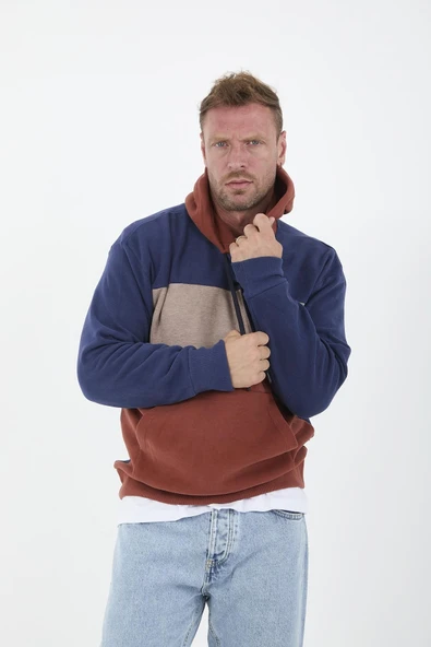 Oversize Kapüşonlu 3 Renk Blok Selanik Örme Erkek Sweatshirt - Kiremit - 3