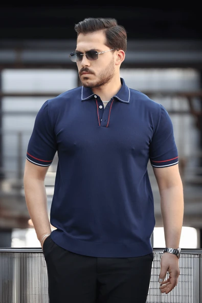 Premium Şerit Detaylı Viskon Polo Yaka Triko Erkek T-Shirt - Lacivert - 3