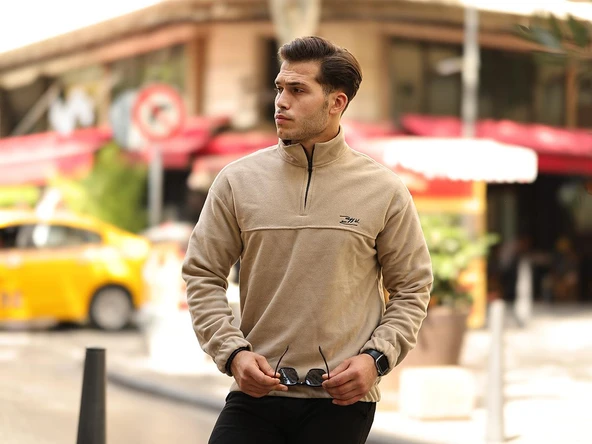 Premium Yarım Ferrmuar Polar Sweatshirt - Bej - 4