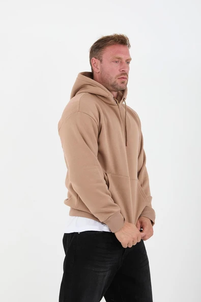 Bej Erkek Oversize Kapüşonlu Kanguru Cepli Sweatshirt - Hoodie - 3