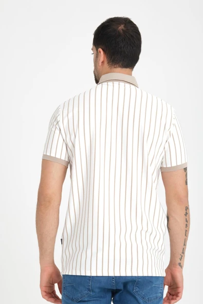 Premium Dik Çizgili Polo Yaka T-Shirt - Bej - 7