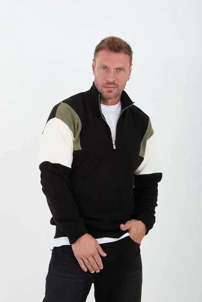 Oversize Erkek Kolları Garnili Selanik Örme Erkek Sweatshirt - Siyah - 2