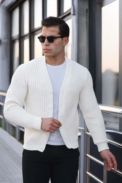 Nopenli Fitil Örgü Düğmeli Hırka - Taş - Resim 4