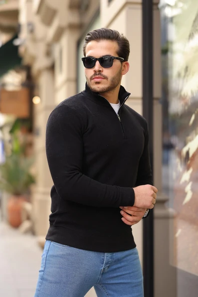 Selanik Örme Kumaş Yarım Fermuar Erkek Sweatshirt - Siyah - 3