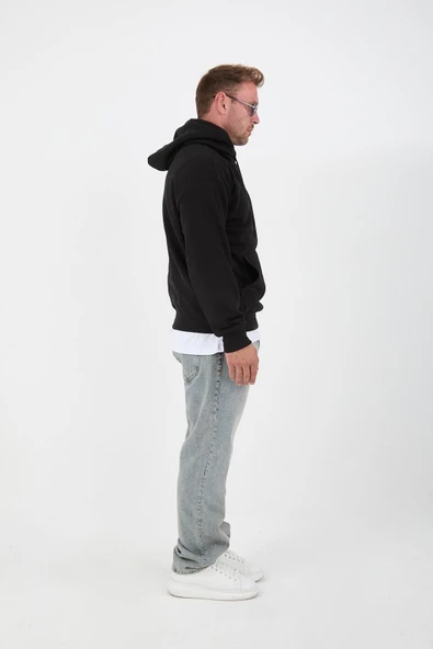 Siyah Erkek Oversize Kapüşonlu Kanguru Cepli Sweatshirt - Hoodie - 6