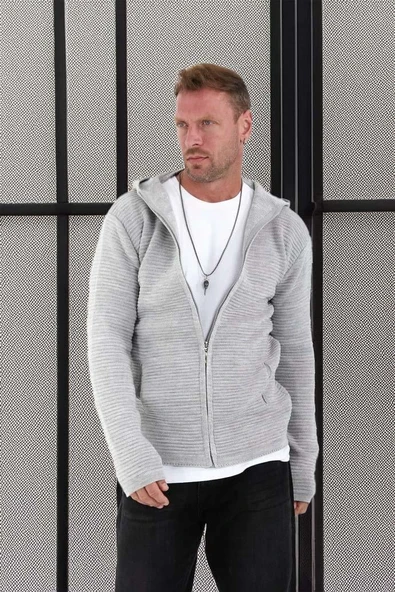 Fermuarlı Merdiven Örgü Kapüşonlu Triko Hırka/Ceket - Açıkgri - Resim 5