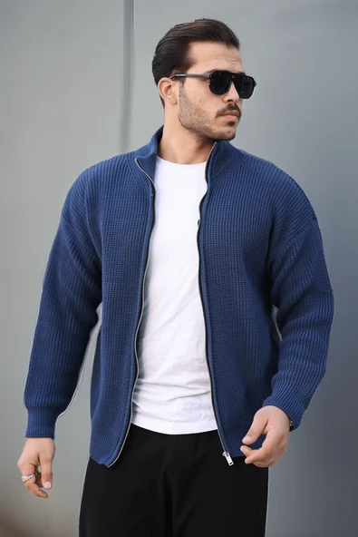 Oversize Selanik Örme Fermuarlı Erkek Hırka- İndigo - 3