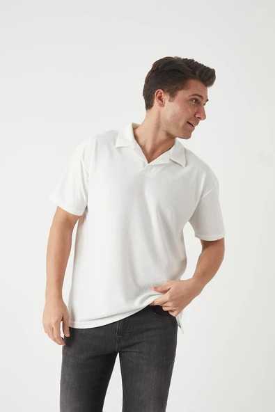 Havlu Kumaş Polo Yaka Erkek T-Shirt - Ekru - 6