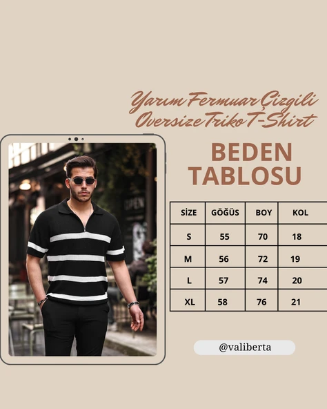 Yarım Fermuar Çizgili Oversize Triko T-Shirt - Gri - 5
