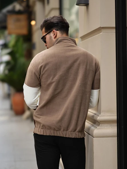 Parça Desen Yarım Fermuar Polar Sweatshirt - Bej/Ekru/Kahve - Resim 3