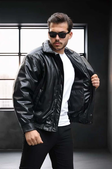 Oversize Premium Deri Ceket/Mont - Siyah - 2