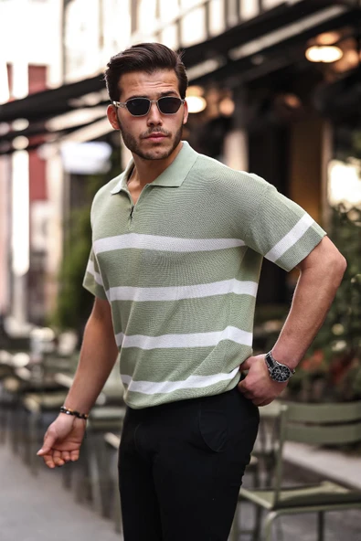 Yarım Fermuar Çizgili Oversize Triko T-Shirt - Yeşil