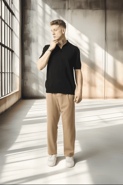 Polo Yaka Basic Düğmeli Triko Erkek T-Shirt - Siyah - Resim 7