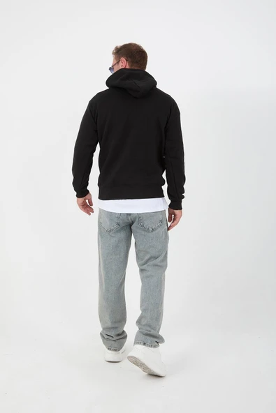 Siyah Erkek Oversize Kapüşonlu Kanguru Cepli Sweatshirt - Hoodie - 7