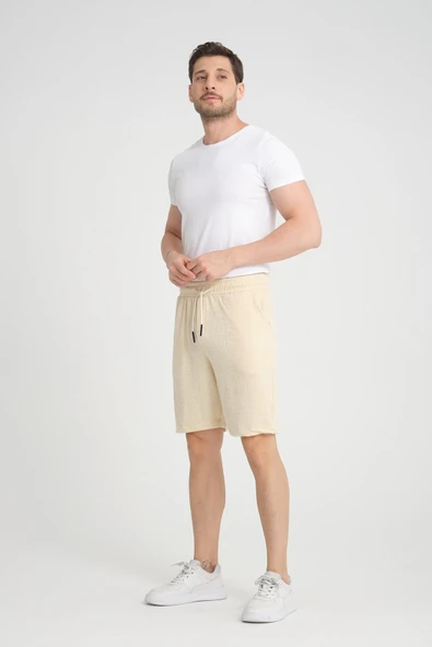 Likralı Örme Desenli Lastikli Şort - Bej - 5