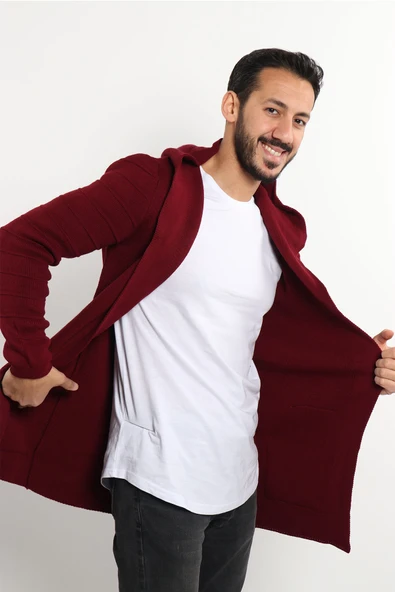 Bordo Erkek Düz Panço Hırka - 2