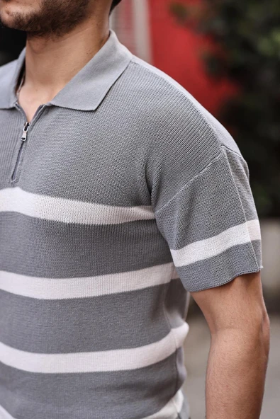 Yarım Fermuar Çizgili Oversize Triko T-Shirt - Gri - 2