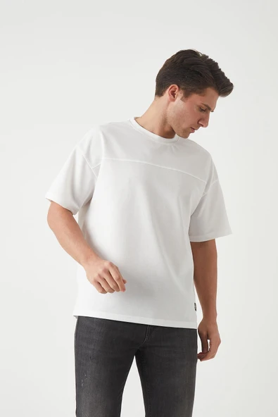 Panel Detaylı Basic Oversize Erkek T-Shirt - Ekru - 5