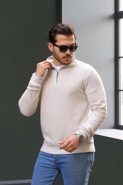 Lars Selanik Örme Kumaş Yarım Fermuar Erkek Sweatshirt - Taş - Resim 5