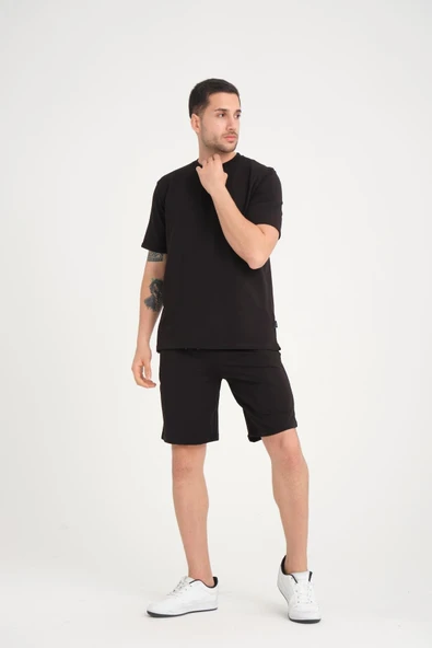 İki İplik Pamuklu Duble Kol Yırtmaçlı T-Shirt Şort Takım - Siyah - 7
