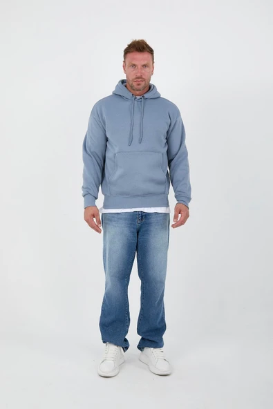 Açıkmavi Erkek Oversize Kapüşonlu Kanguru Cepli Sweatshirt - Hoodie - 4