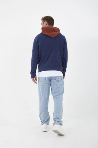 Oversize Kapüşonlu 3 Renk Blok Selanik Örme Erkek Sweatshirt - Kiremit - 5
