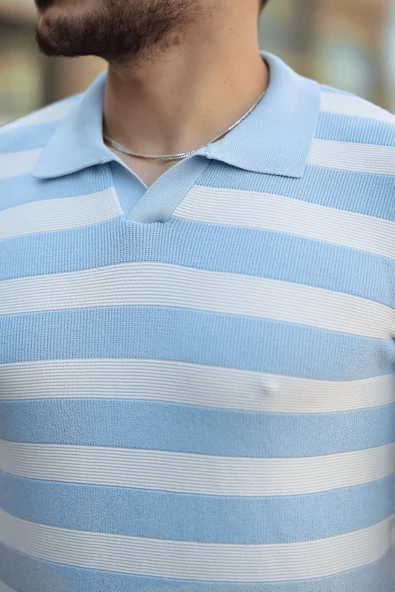 Premium Yan Çizgili Viskon Polo Yaka Triko Erkek T-Shirt - Mavi - 2