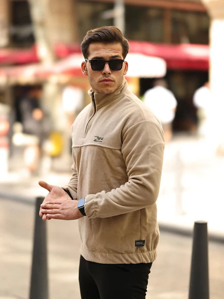 Premium Yarım Ferrmuar Polar Sweatshirt - Bej - 2
