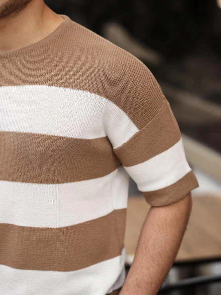 Oversize Çizgili Basic Triko T-Shirt - Bej - 5