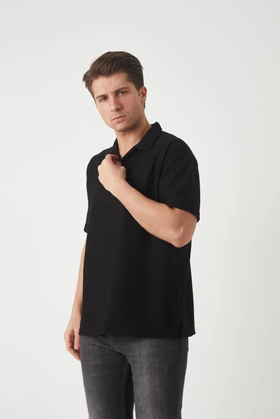 Havlu Kumaş Polo Yaka Erkek T-Shirt - Siyah - 4