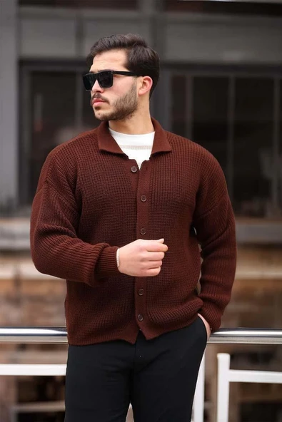 Oversize Selanik Örgü Düğmeli Erkek Hırka- KoyuKahve - Resim 4