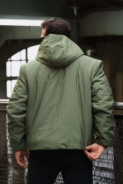 Oversize Cep Detaylı Kapüşonlu Hafif Şişme Mont - Yeşil - Resim 6