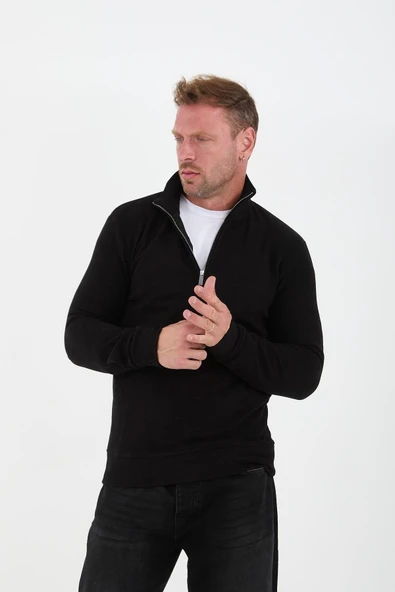 Selanik Örme Kumaş Yarım Fermuar Erkek Sweatshirt - Siyah - 5