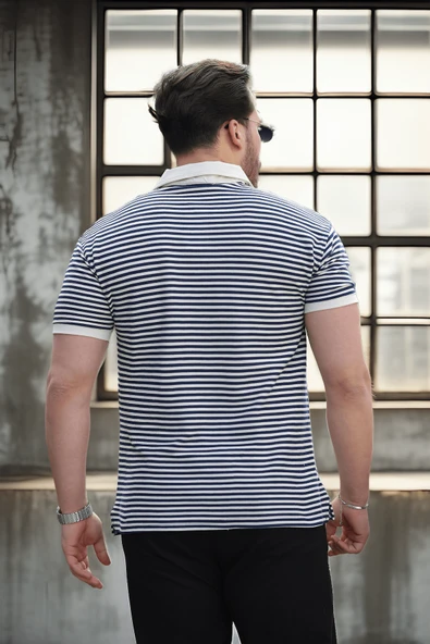 Çizgili Örme Desenli Polo Yaka Erkek T-Shirt - Lacivert - 5