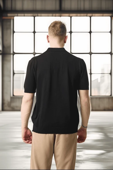 Polo Yaka Basic Düğmeli Triko Erkek T-Shirt - Siyah - Resim 4