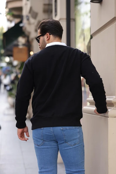 Polo Yaka Selanik Örme Kumaş Erkek Sweatshirt - Siyah - 6